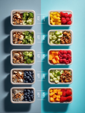 Healthy frozen lunches in organized containers, showing colorful fruits, veggies, grains, and clear calorie counts for each option.の素材