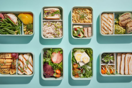 Explore an editorial layout showing an array of healthy frozen lunches each with distinct calorie information, promoting nutritious meal choices.の素材