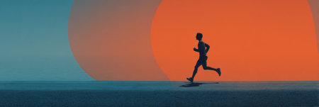 A person jogs along a pathway at sunset with a kidney symbol overlay, emphasizing the importance of kidney health while enjoying the outdoors.の素材