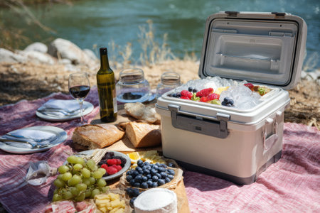 A portable cooler displays frozen goods and fresh fruits at a riverside picnic, surrounded by dishes of bread, cheese, and wine glasses, set under a clear sky.の素材