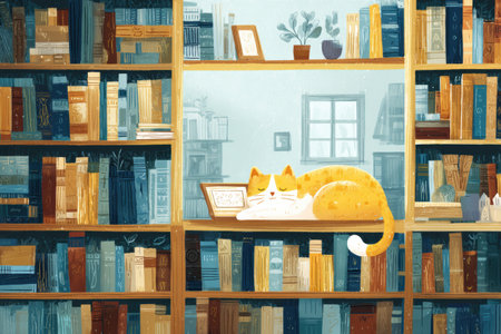 A bright library features a content cat nestled peacefully atop a bookshelf, surrounded by an array of colorful books and a calm atmosphere.の素材