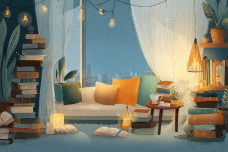 Cozy room features a comfortable nook filled with books, reflecting a serene evening atmosphere complemented by tea and warm lighting.の素材