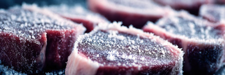 Detailed frost covers vacuum-sealed steaks, illustrating the freezing process and maintaining quality in a controlled environment.の素材