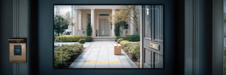 Live courier feed shows an approaching delivery at doorstep, highlighting box placement and surrounding entrance area during daylight.の素材