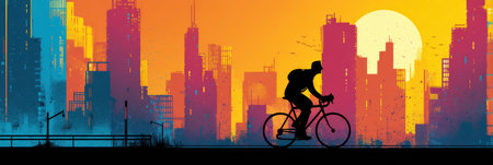 Cyclist navigates past illuminated buildings at dawn, showcasing the vibrant colors of sunrise in an urban landscape filled with energy and life.の素材