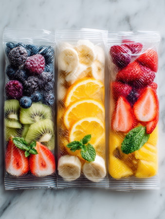Colorful packs of frozen fruits are prepared for smoothies, containing strawberries, bananas, kiwis, blueberries, oranges, and raspberries on a cold surface.の素材