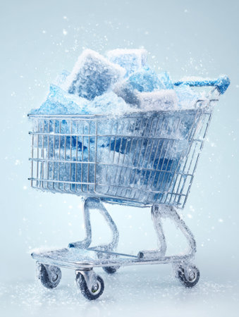 Shopping cart overflows with frozen items, showcasing frost effects on the left side, creating a chilly atmosphere in a retail setting.の素材