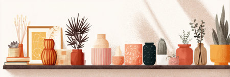Colorful vases and plants are artistically arranged on shelves, creating a warm decor for the changing seasons. Unique textures and shapes enhance the display.の素材