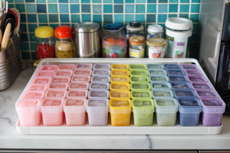 Frozen baby food trays are neatly arranged on a countertop, showcasing an array of colors, with kitchen supplies visible in the background.の素材