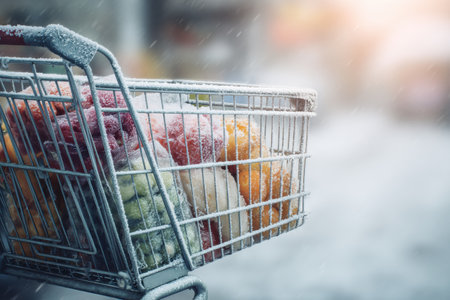 A shopping cart filled with various frozen items sits in a cold environment, showing frost on its surface and colorful frozen foods.の素材