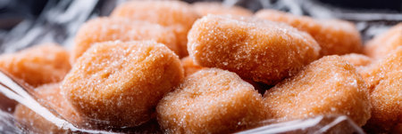 Frozen chicken nuggets are presented in their crisp packaging, showing their texture and shape while the right margin remains clear, enhancing visibility.の素材