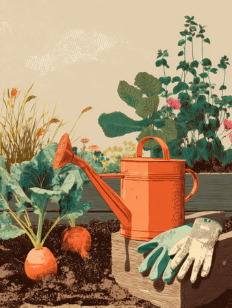 Veggies grow in a lovely garden patch where a watering can and gloves rest, emphasizing the care and attention given to plants during the growing season.の素材