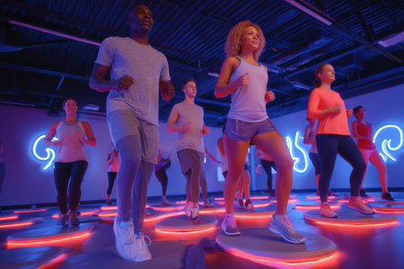 People are exercising energetically in a modern gym while kidney symbols float above them, creating an engaging and vibrant workout environment.の素材