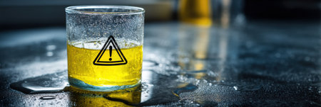 A tipped glass filled with a yellow chemical cleaner rests on a wet surface, featuring a prominent warning triangle, creating a hazardous impression.の素材