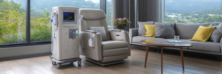 Relaxing dialysis chair positioned near a large window, providing a serene view of lush outdoor scenery, promoting peace during treatment.の素材