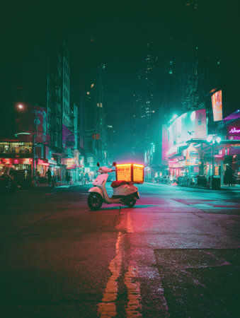 A delivery scooter illuminated by neon lights stands alone on a clear road in a vibrant city at night, showing the energy of urban life.の素材
