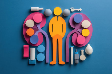 Bright graphics display kidney disease risk factors surrounding a central figure, emphasizing the importance of awareness for overall health management.の素材