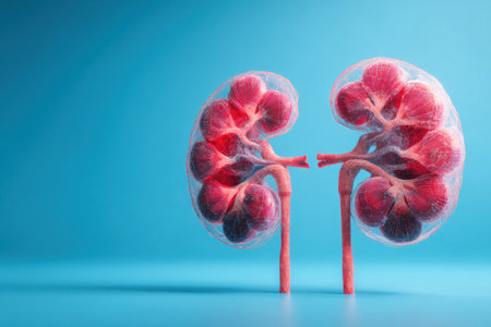 Detailed and vividly depiction of healthy human kidneys rendered in 3D, set against a bright blue backdrop emphasizing their anatomical features and structure.の素材