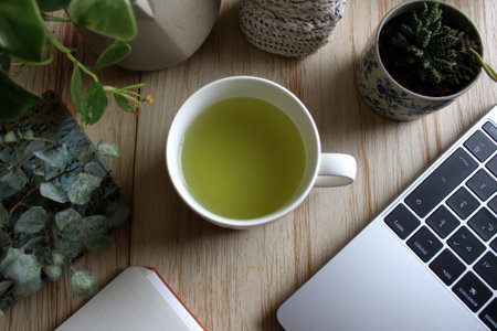 A serene workspace showcases a cup of green tea next to a laptop, with plants and decorative items enhancing a tranquil and cozy environment.の素材