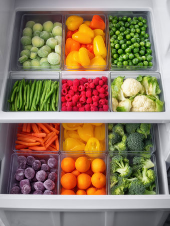 A well-organized freezer drawer displays an assortment of vibrant frozen vegetables and fruits, providing convenient options for healthy meals anytime.の素材