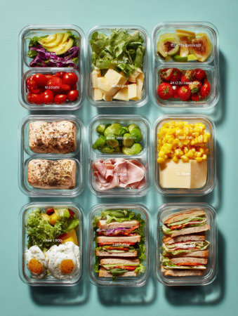 This editorial layout features neatly arranged healthy frozen lunches with detailed calorie counts, perfect for nutrition-conscious meal preparation.の素材