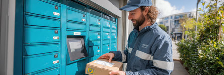 Brightly lit features environment a customer happily retrieving a package from a box locker, showcasing efficient delivery service in a modern setting.の素材