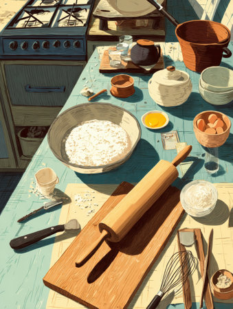Brightly lit kitchen shows a variety of baking tools and ingredients including flour, a rolling pin, and bowls creating an inviting atmosphere for cookingの素材