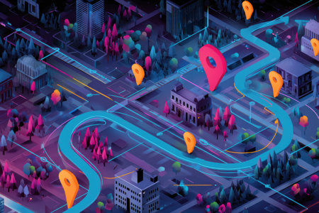 Dynamic food delivery route visualization showcases animated arrows guiding through a colorful cityscape filled with marked delivery points and trees.の素材