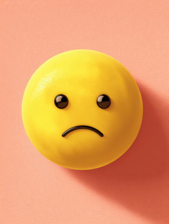 A sad emoji is centered on a soft peach backdrop featuring a subtle shadow. The design captures a sense of melancholy and emotional expression.の素材