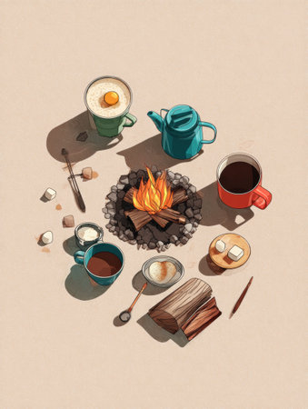 Gather around a fire pit for a delightful camping breakfast featuring coffee, eggs, and warm flavors, capturing the essence of outdoor mornings.の素材