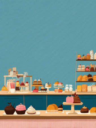 Creative bakery counter showcases an array of colorful pastries and desserts in a lively atmosphere, inviting customers to indulge in sweet delights.の素材