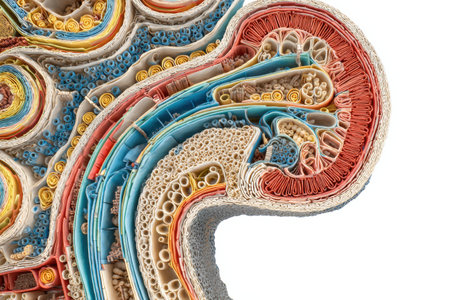This visual representation explores the intricate structure of a nephron, highlighting its clean design and organized arrangement of various cellular elements.の素材