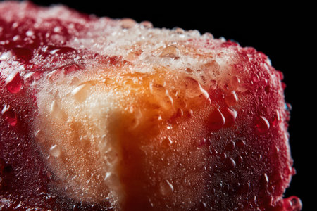 Close view of a frozen dessert featuring a glossy, icy exterior with droplets, showcasing bright colors and a tantalizing appearance in dim light.の素材