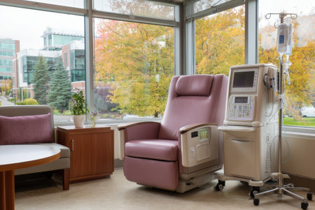 A peaceful dialysis chair setup overlooks vibrant autumn trees, creating a relaxing atmosphere for patients receiving treatment in a healthcare facility.の素材