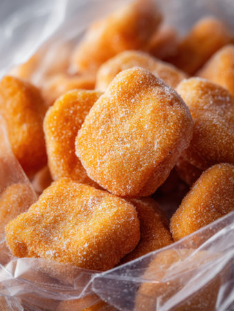 Frozen chicken nuggets are arranged closely within a crisp packaging, showing their golden color and texture, with a clear right margin for easy viewing.の素材