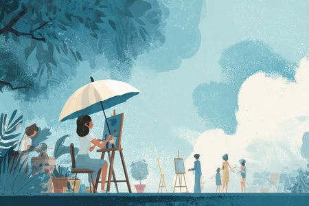 Artist is painting on an easel under a white umbrella while other artists are working in a vibrant outdoor setting surrounded by nature.の素材