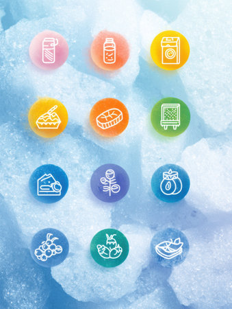 Colorful icons representing various frozen food products are showcased against an icy gradient background, creating an engaging and modern presentation.の素材