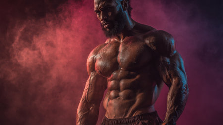 Bodybuilder demonstrates impressive musculature and strength in dramatic lighting while engaging in an intense workout session in a dimly lit space.の素材