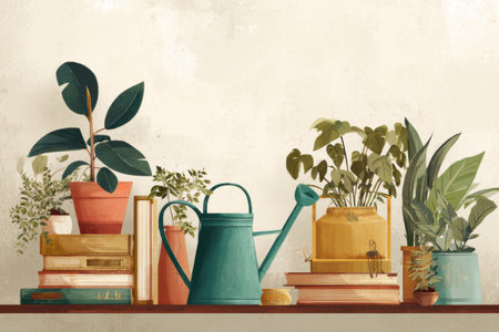 A corner filled with lush indoor plants in decorative pots alongside stacked books and a watering can, creating a serene and inviting ambiance for relaxationの素材