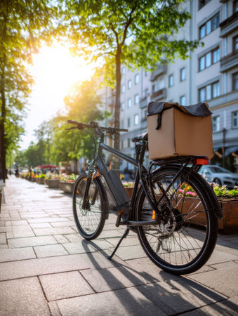 A delivery e-bike stands parked on a bright urban street, with sunlight filtering through trees and colorful flowers, showcasing a lively atmosphere.の素材