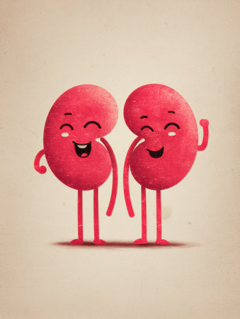 Two animated kidneys smile and flex, promoting health awareness with playful expressions. The background remains clear for any additional text or graphics.の素材