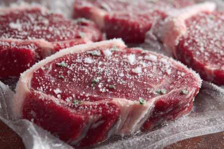 Macro view highlights intricate frost patterns on vacuum-sealed steaks, emphasizing preservation and the visual effects of freezing processes.の素材