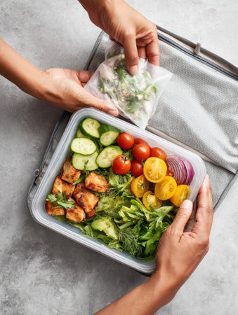 Chilled meal delivery is opened, revealing fresh ingredients laid out and ready for preparation, focusing on healthy eating and convenience.の素材