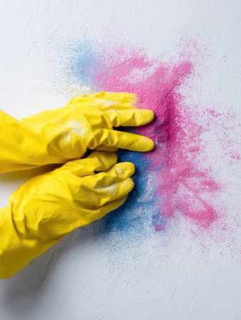 Gloved hand actively cleans a vibrant mixture of pink and blue powder from a clean white wall, focusing on removing the colorful mess.の素材