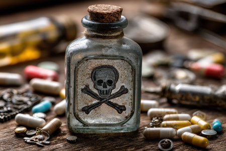 Poison bottle featuring crossbones stands amidst various pills, capsules, and safe items, highlighting the dangers of toxic substances in everyday environments.の素材