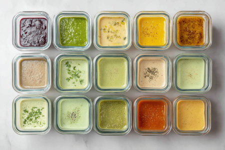 A diverse selection of frozen soups neatly displayed in glass containers showcases various colors and textures in a bright kitchen setting.の素材
