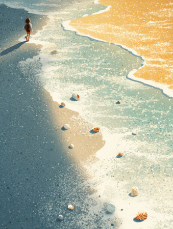 Enjoy a tranquil beach walk during golden hour, where soft light highlights vibrant shells and gentle sea foam graces the shore.の素材
