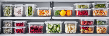 Brightly lit freezer features an array of clear containers neatly arranged, showing colorful frozen fruits and vegetables for quick meal prep.の素材