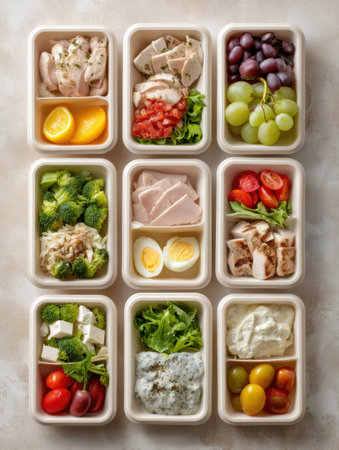 The layout presents healthy frozen lunches in containers, highlighting diverse ingredients and calorie counts for nutritious meals.の素材