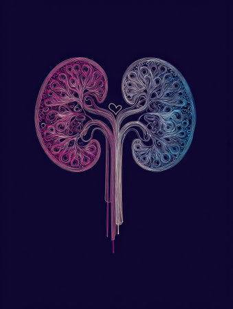 This artwork presents a simple kidney design with heart-shaped veins, offering a unique take on anatomy and vitality.の素材